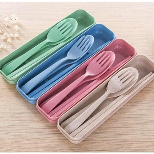 3Pcs/Set Portable Utensils Tableware Cutlery Wheat Straw Spoon Fork Chopsticks equipment for Kitchen Bar Dining Tools Gadgets