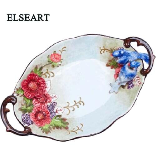 High feet double ear ceramic large fruit tray with blue bird lovers creative fruit basin tea plate for wedding gift