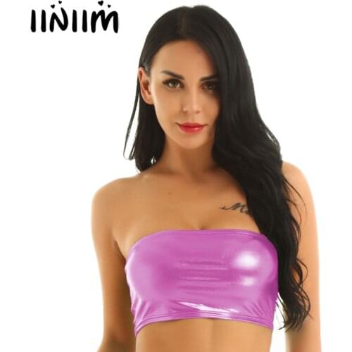 Womens Sexy Clubwear Shiny Metallic Strapless Tube Top No-Padded Wrapped Chest Bandeau Bra Crop Top for Holographic Festivals