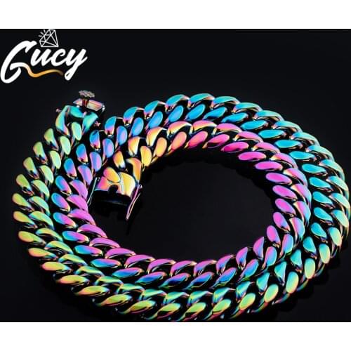 GUCY 10mm and 14mm Rainbow Color Mens Hip Hop Stainless Steel Cuban Chain Jewelry Hip Hop Necklace