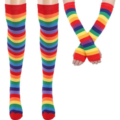 Over Knee Stocking Colorful Striped Knee Thigh High Socks and Arm Warmer Gloves Halloween Party Cosplay Costumes for Women Girls