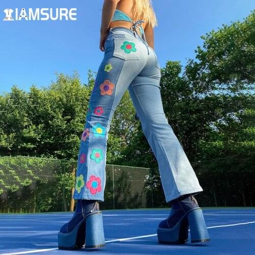 IAMSURE Patch Designs Embroidery Flore Jeans Sweet Patchwork Denim Flare Trousers Casual High Waisted Wide Leg Pants Women 2021