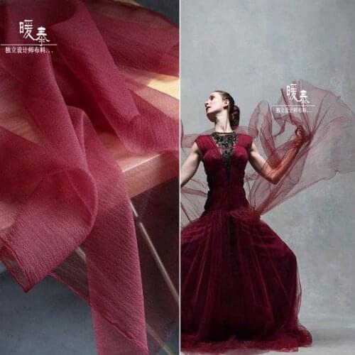 Crepe Tulle Fabric Wine Red Organza DIY Patchwork Scarf Veil Background Decor Fluffy Skirt Wedding Dress Fashion Designer Fabric