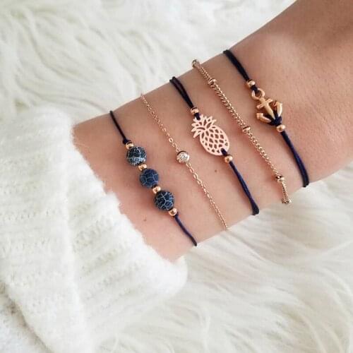 Multi-layer Boho Hollow Pineapple Anchor Pendant Bracelets For Women Bead Rope Chain Bracelets Sets Vintage Jewelry 2019 New