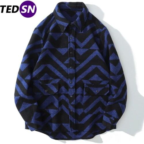 Retro Wave Warm Long Sleeve Shirt Men 2020 Autumn Harajuku National Style Knitted Shirt Streetwear Cotton Snap Button Shirt Tops