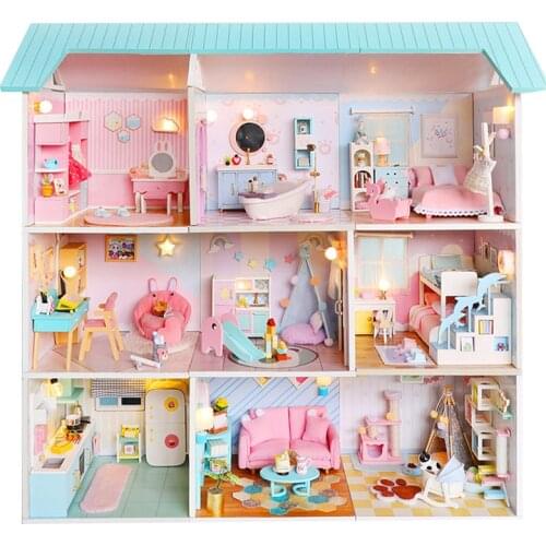 DIY Wooden Dollhouse Kit Princess Pink Loft Miniature with Furniture Accessories Villa Doll House Casa Toys for Adults Gifts