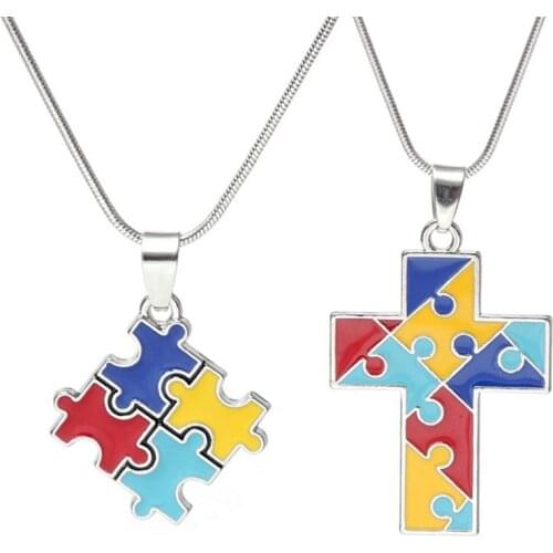 Autism Awareness Jigsaw Puzzle Piece Necklace For Women Girls Multicolor Enamel Crystal Paved Pendant Necklace Fashion Jewelry
