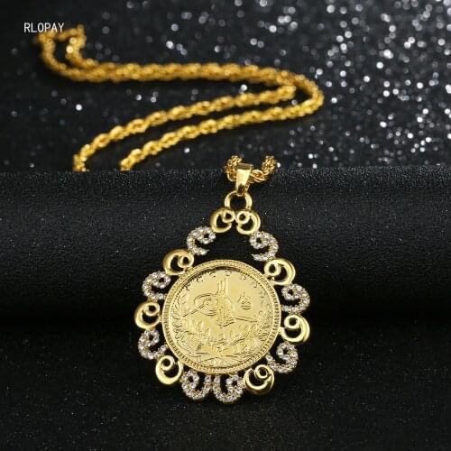 Popular Turkish Ladies Fashion Zircon Encrusted Ottoman Drop Pendant Necklace with Twist Chain Coin Necklace