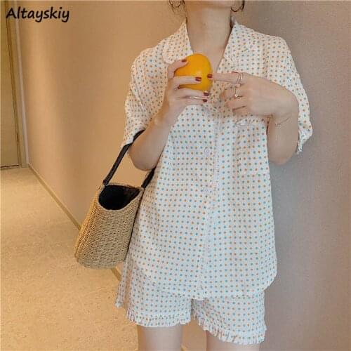 Pajama Set Summer Sweet Cute Ruffles Polka Dot Sleepwear Short Sleeve Korean Style Elastic Waist Trousers Two Piece Homewear Ins