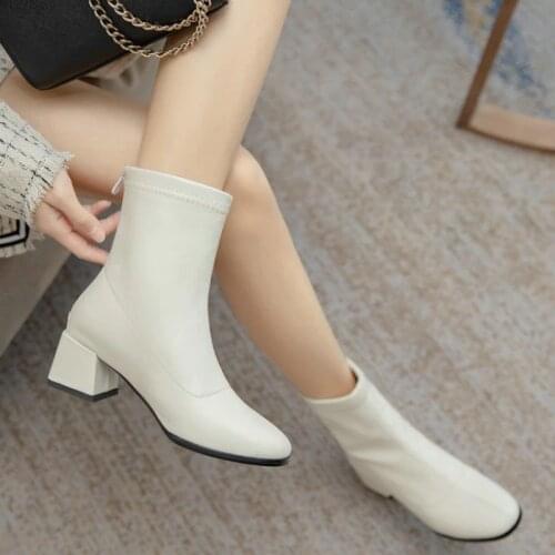 Plain white black PU stretch boots chunky high heels zipper back classic womens ankle boots ladies pumps woman ankle boots