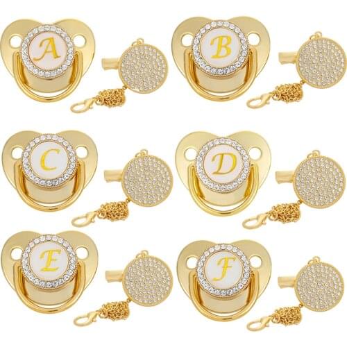 Newborn Baby Pacifier Rhinestone Pacifier Clips Chain 26 Letters Silicone Infant Gold Nipple Bling Gifts BPA Free Dummy Soother