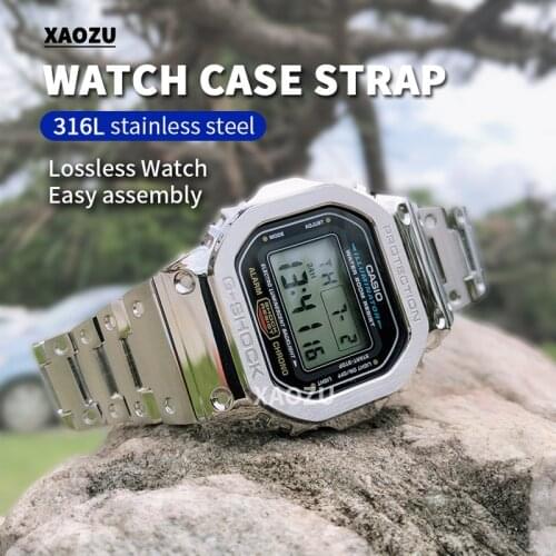 XAOZU 316L Stainless Steel Watchband Bezel/Case DW5600 G-5600E Metal Strap Watch Band GW5000 DW5035 with Tools for Silvery