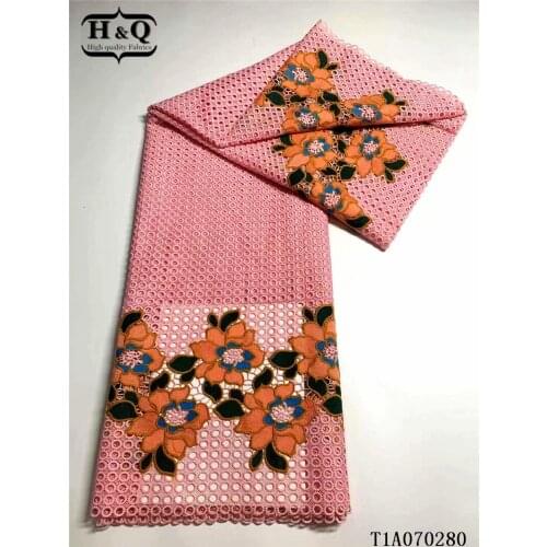 H&Q pink water soluble african lace fabric embroidery nigerian french guipure cord lace fabric with stones 5 yards for wedding