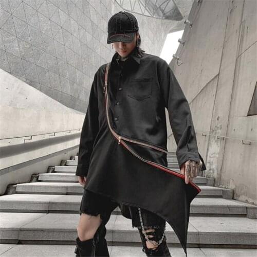 Inclined Zipper Irregular Men Shirt Punk Hip Hop Long Shirts Black Vintage Oversized Blouse Camisa Masculina