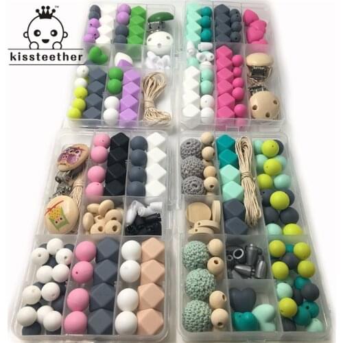 4 Boxes Baby Teether Toys Silicone Teething Pacifier Clip Kit Geometric Hexagon Silicone Teething Beads DIY Nursing Necklack