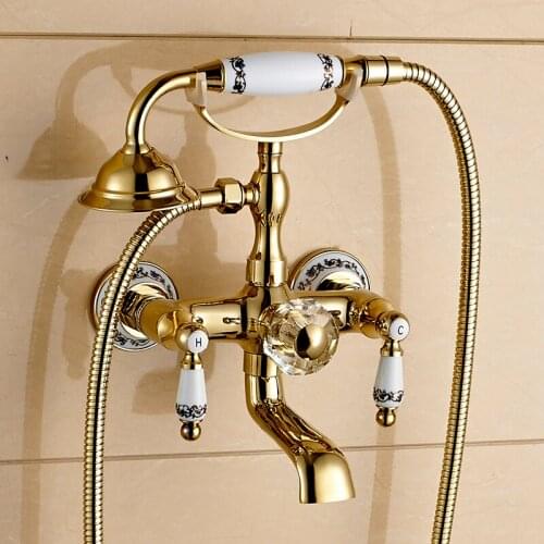 Shower Faucet Brass Polished Golden Bathtub Faucets Hand Rain Shower Head Tap Luxury Ceramic Telephone Wall Bath Fauce