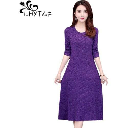 UHYTGF Korean fashion spring autumn dress women long-sleeved pullover Female long dresses Solid color loose plus size dress 1255