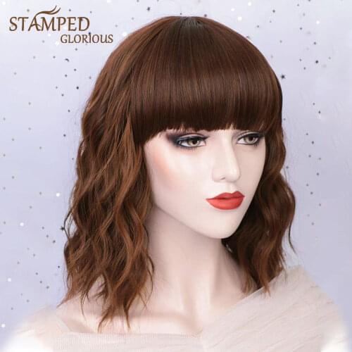 Stamped Glorious Short Wavy Bob Wigs for Women Synthetic Bob Wigs with Bangs Brown/Blonde Natural Wave Heat Resistant Cosplay