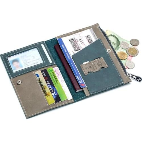 Vintage Genuine Leather Large Capacity Passport Holder Antique Blank Color Cover For Passport with Sim Zipper Pocket Custom name