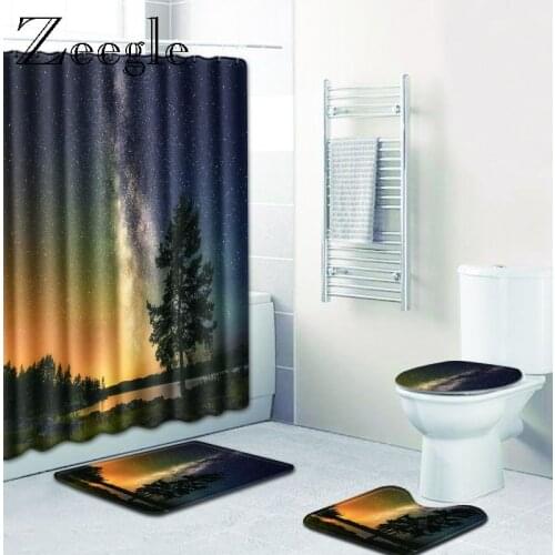 Zeegle Toilet Floor Mat Non-Slip Bath Mat Set and Print Shower Curtains 4pcs Rug for Bathroom Washable Absorbent Soft Shower Mat