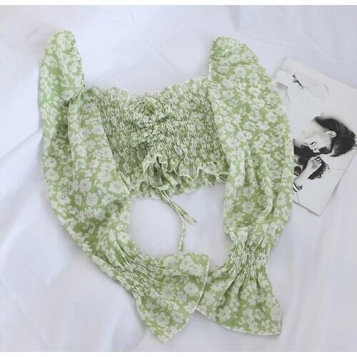 Boho Beach Print Ruffle Decoration Blouses Shirt Women Long Sleeve Ruffle Short Blouse Tops Female Slash Neck Streetwear Blusas