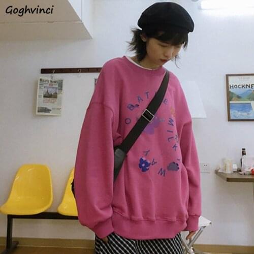 Hoodies Women O-neck Pullovers Long Sleeve Lovely Printed Pink Preppy Japanese Harajuku Style Lovely Loose Casual All-match New