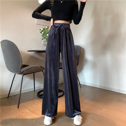 Women Thick Velvet Wide Leg Pants New Autumn Winter Korean Casual Elastic High Waist Straight Pant Plus Size Black Loose Trouser