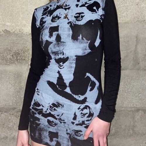 Y2K Aesthetic Print Mini Dresses Spring Autunm Women Long Sleeve Slim Fit Dresses Bodycon Harajuku Streetwear Gothic Clothes