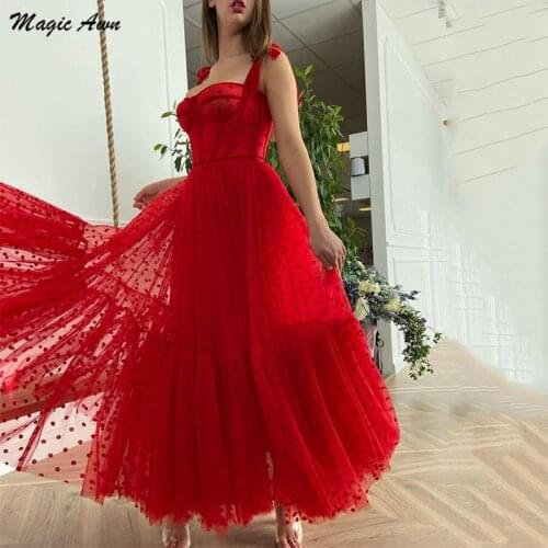 Magic Awn 2021 Red Polka Dots Tulle Prom Dresses Spaghetti Straps Tied Bow Shoulder Ankle Length A-Line Evening Formal Gowns