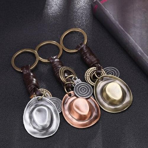 Alloy Vintage Antique Bronze Cool Hat Key Rings Musical Instrument Braided Cowhide Keychain Pendant Gift For Friends 1PCS