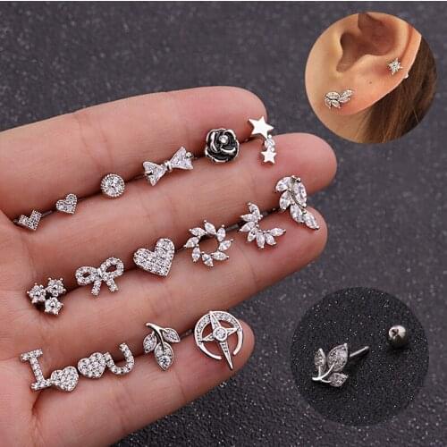 16Styles 1Pc Silver Heart Cross Flower Bar Cartilage Piercing Stud Helix Jewelry Tragus Conch Rook Earlobe Screw Back Earring