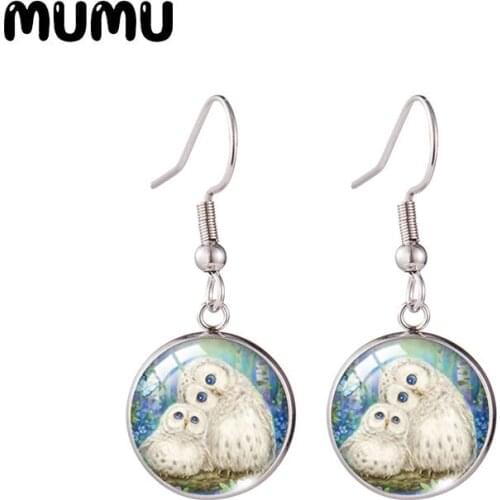 2021 New Owl Family Painting Fish Hook Earring Bird Round Jewelry Glass Cabochon Earrings Gifts Women