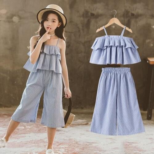 2021 Summer Girls Fashion Clothing Set Ruffles Strap Shirts+pants,Kids Big Girl Casual Suits Children Clothes Birthday Wear