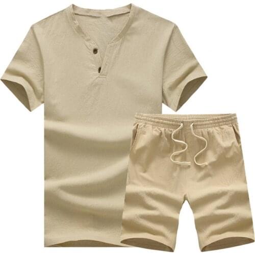 Summer Men Outfit Solid Color Plus Size Tracksuit Two Piece Set Short Sleeve T-shirt Drawstring Shorts Set Homewear Sports Suit