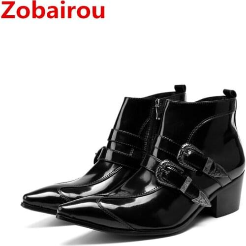 British style mens winter footwear cowboy boots patent leather black shoes pointy toe ankle boot medium height combat boots