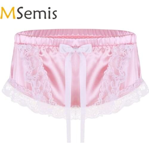 Mens Sissy Lingerie Satin Panties for Men Shiny Ruffled Lace Floral Bowknot Briefs Gay Underwear Gay Sissy Pouch Panties Cuecas