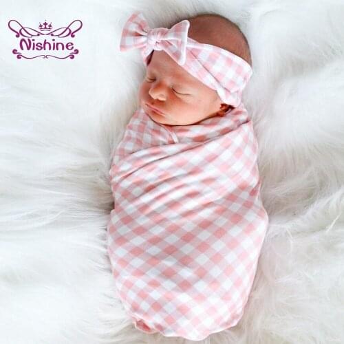 Nishine Newborn Soft Comfortable Swaddle Blanket and Elastic Headband Two Piece Set Fashion Plaids Knotted Hairband Photo Props