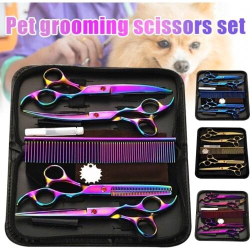 7"Professional Pet Dog Beauty Scissors Set Straight&Curved&Thinning Shears Kit Pet Products Pet Supplies Hair Clipper