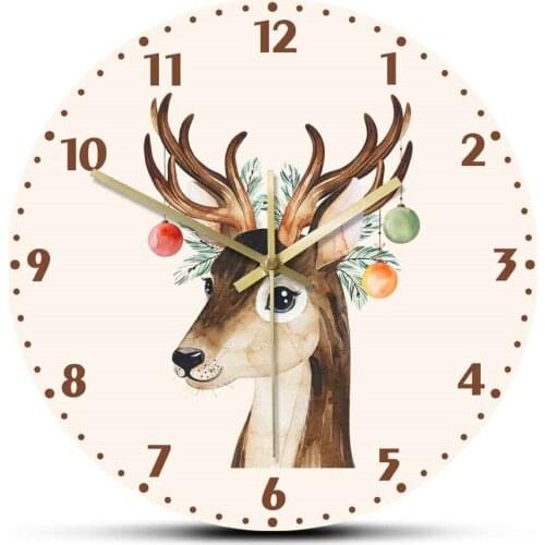 Winter Composition with Conifer Branches Toys and Cute Deer Printed Acrylic Wall Hanging Clock New Nordic Fashion Wall Art Watch