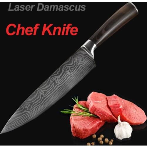 Laser Damascus Kitchen Knife - 8 Inch Chef Knife Meat Cleaver Vegetable Slicing Knives 5Cr15 Stainless Steel