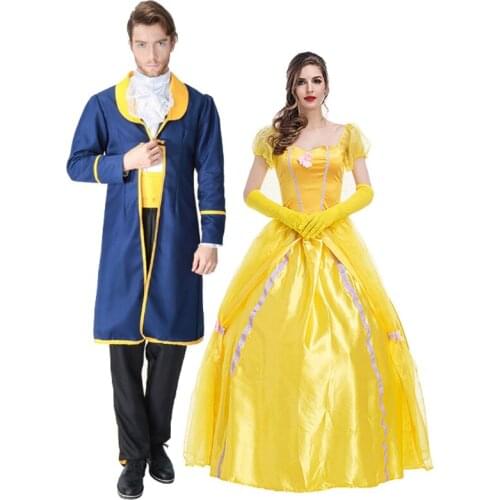 Couple Beauty Princess Prince Costume Classic Yellow Fairy Tales Roleplay Cosplay Fancy Party Dress Carnival Halloween