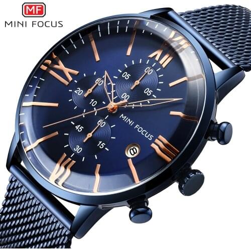 Stainless Steel Strap Men Multifunction Complete Calendar Display Chronograph Mens Waterproof Quartz Watches MINIFOCUS Brand