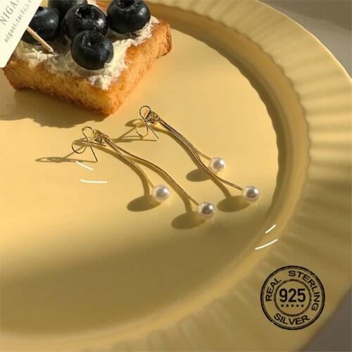 S925 Silver Needle Earrings For Women Pearl Tassel Bowknot PendantLine Chain Sweet Delicate Fashion Simple Design Jewelry INEFFA