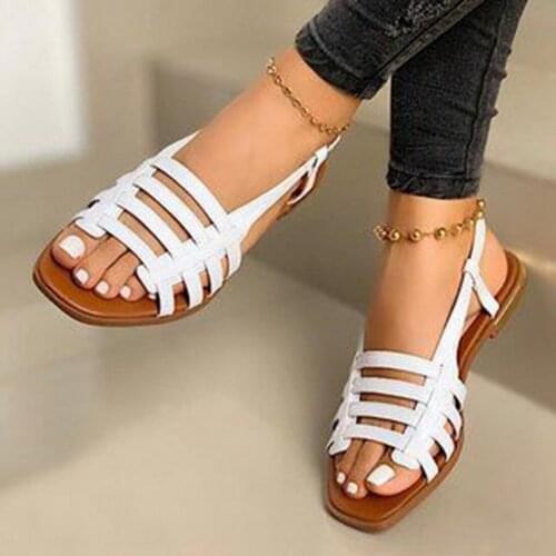 Flat Sandals Ladies Summer Outdoor Fashion Leather Flat Shoes Round Toe Elegent Slipper Adjustable Buckle Strap Casual Sandals
