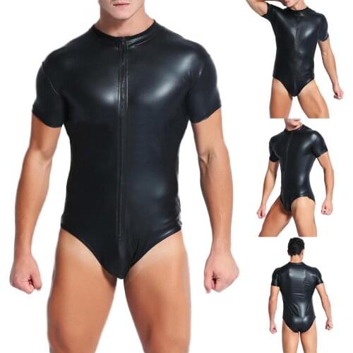 Night Club Sexy Men Short Sleeve Faux Leather Zipper Bodysuit Slim Jumpsuit