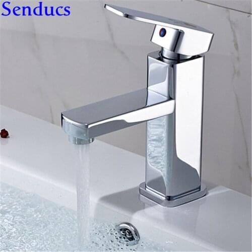 Senducs Chrome Basin Faucet Quality Zinc Alloy Bathroom Basin Sink Faucet for Hot Cold Square Basin Sink Water Faucet