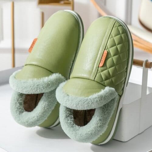 Outdoor Green plush warm women slippers Fashion soft comfortable pu leather waterproof winter shoes womens platform shoes