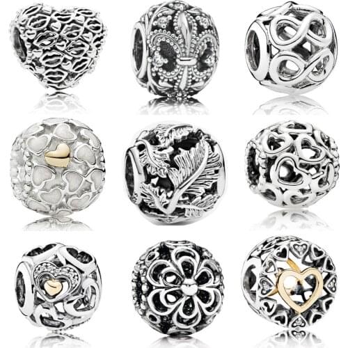 Real 925 sterling silver Retro LOVE Charm Bead Fit pandora Bracelet Bangle Openwork Leaves Charm Bead DIY jewelry
