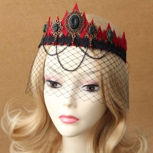 Red Fabric Felt and Black Cabs Crown Shape Handband Women`s Mesh Veil