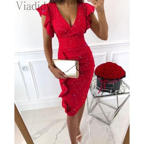 Women Elegant Deep V-neck Bodycon Ruffles Design Straight Dress